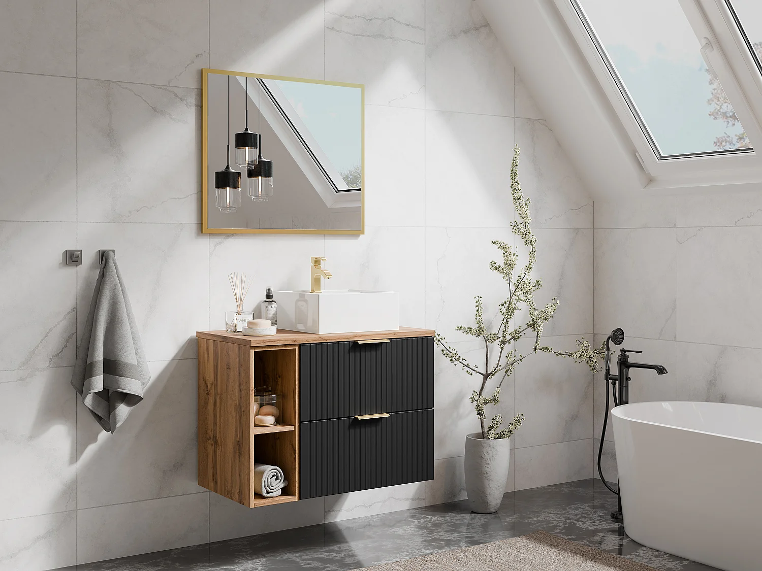 Meuble sous vasque suspendu strié avec niches - Noir et naturel clair - L80 cm - ZEVARA