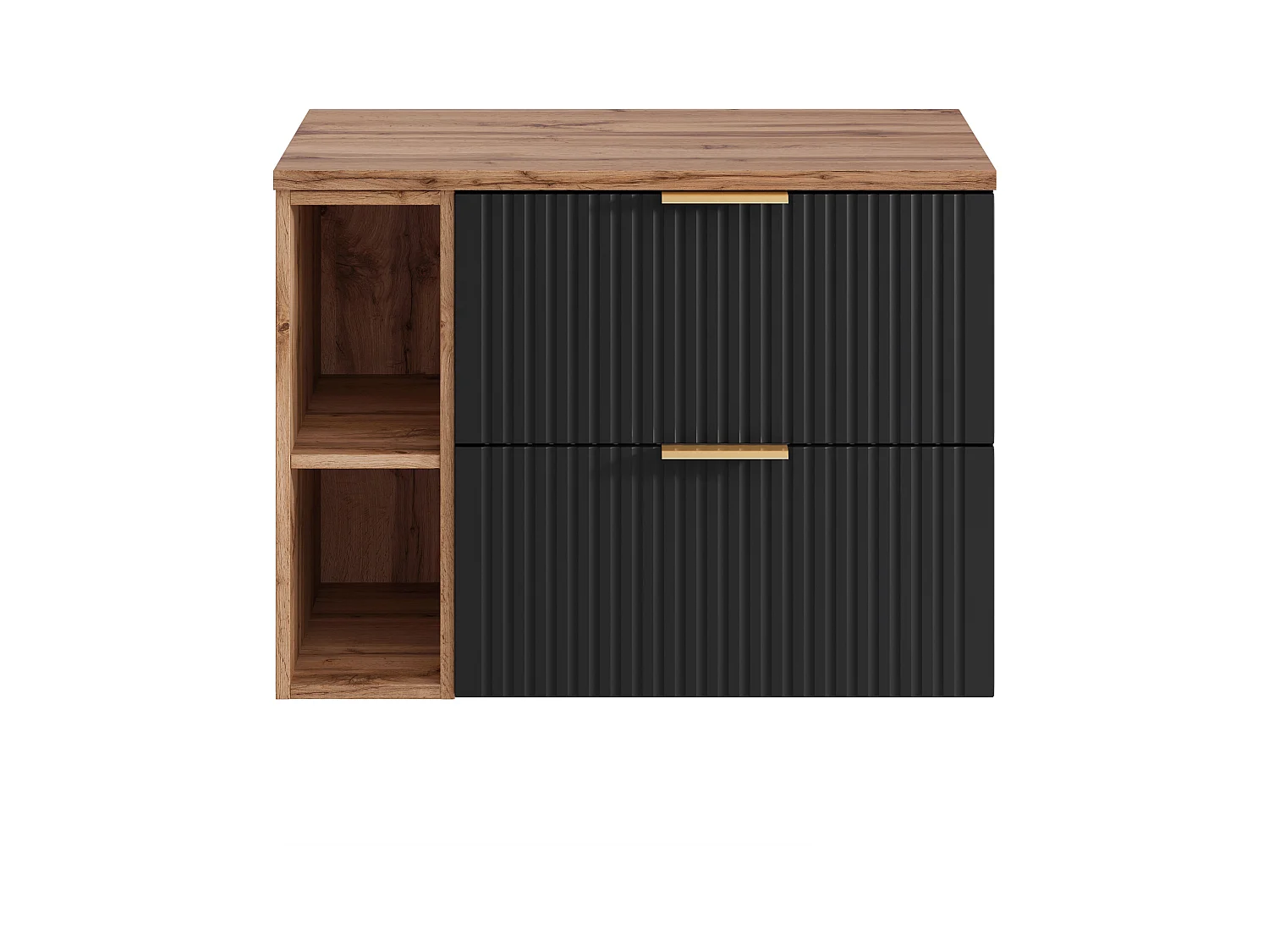 Mueble suspendido estriado para lavabo y estantes - Negro y natural claro - L80 cm - ZEVARA