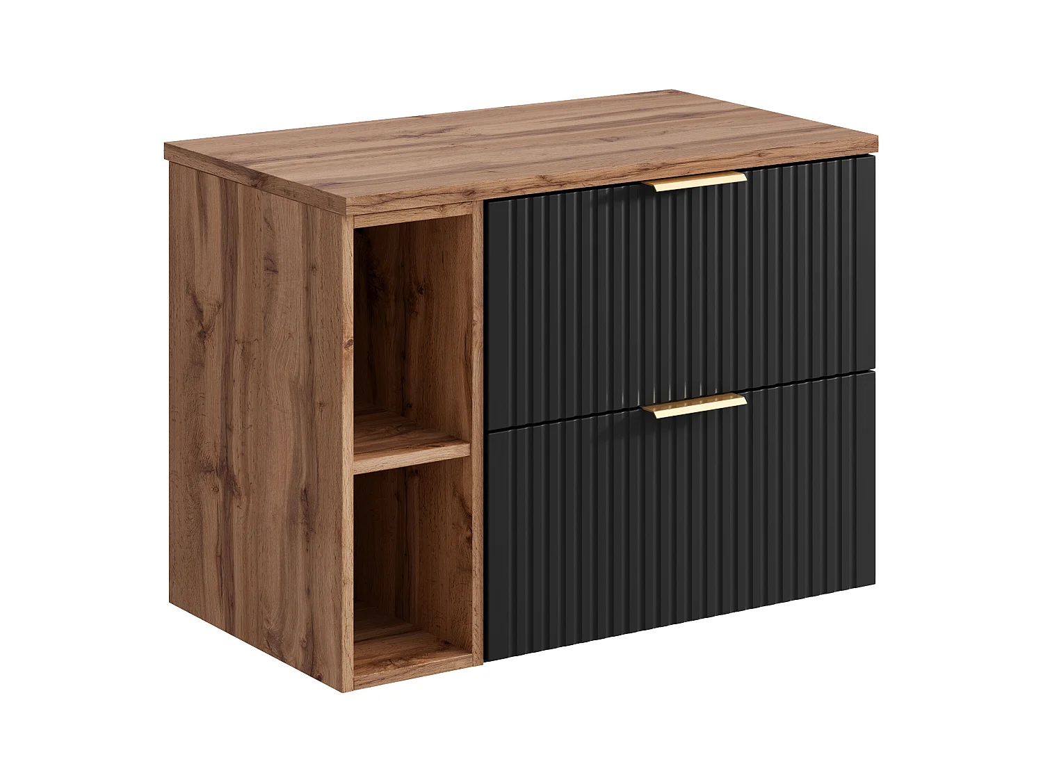 Mueble suspendido estriado para lavabo y estantes - Negro y natural claro - L80 cm - ZEVARA