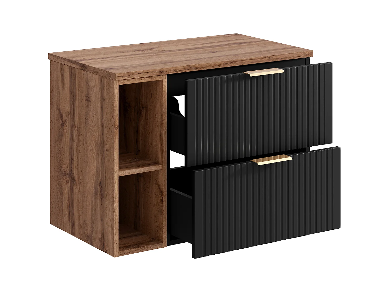 Mueble suspendido estriado para lavabo y estantes - Negro y natural claro - L80 cm - ZEVARA