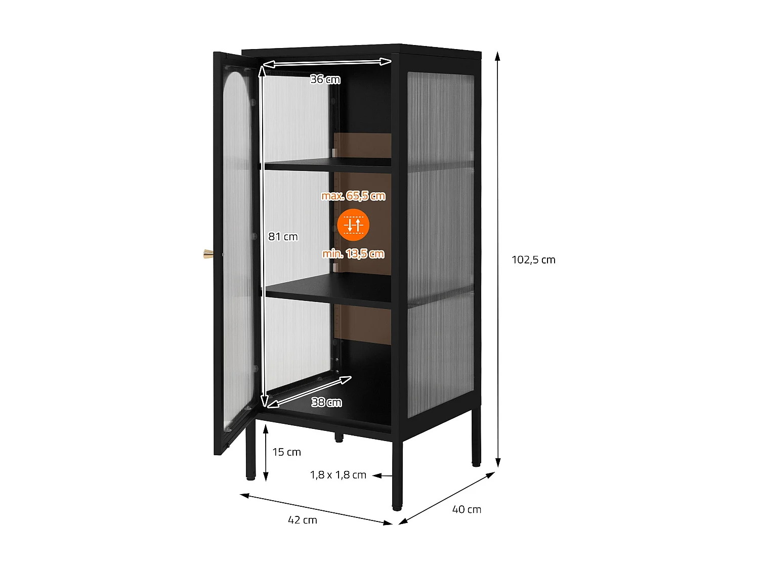 Vitrina negra 42x102x40 cm con puerta y 3 cajones, mueble metálico archivador