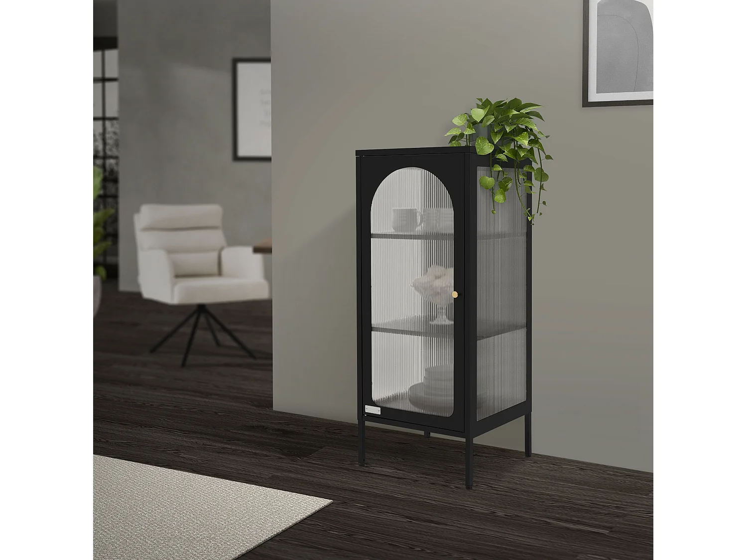 Vitrina negra 42x102x40 cm con puerta y 3 cajones, mueble metálico archivador