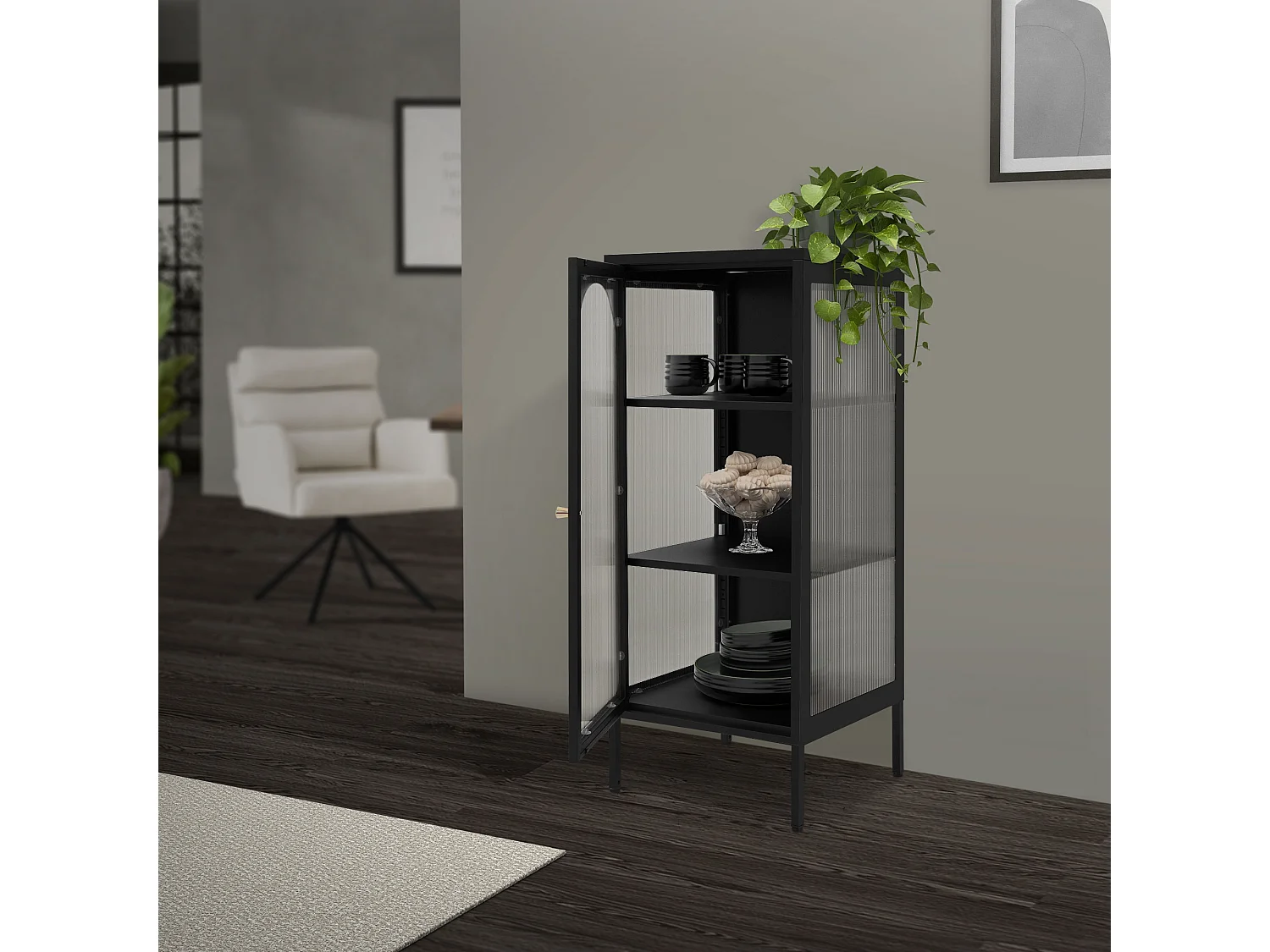 Vitrina negra 42x102x40 cm con puerta y 3 cajones, mueble metálico archivador