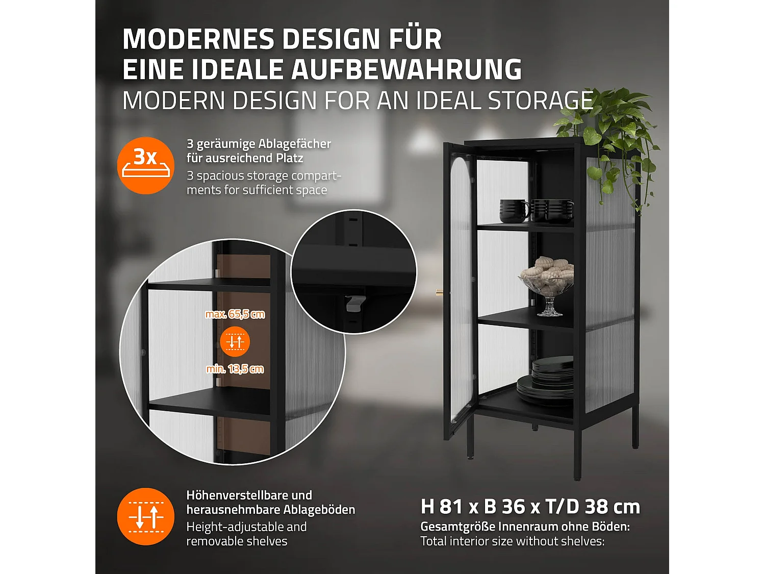 Vitrina negra 42x102x40 cm con puerta y 3 cajones, mueble metálico archivador