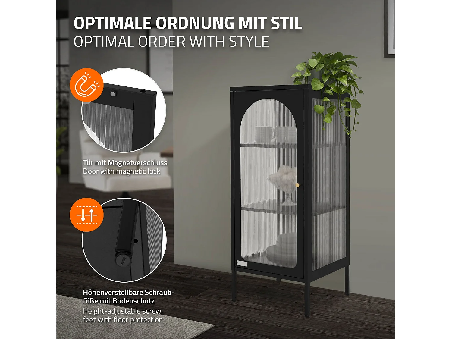 Vitrina negra 42x102x40 cm con puerta y 3 cajones, mueble metálico archivador