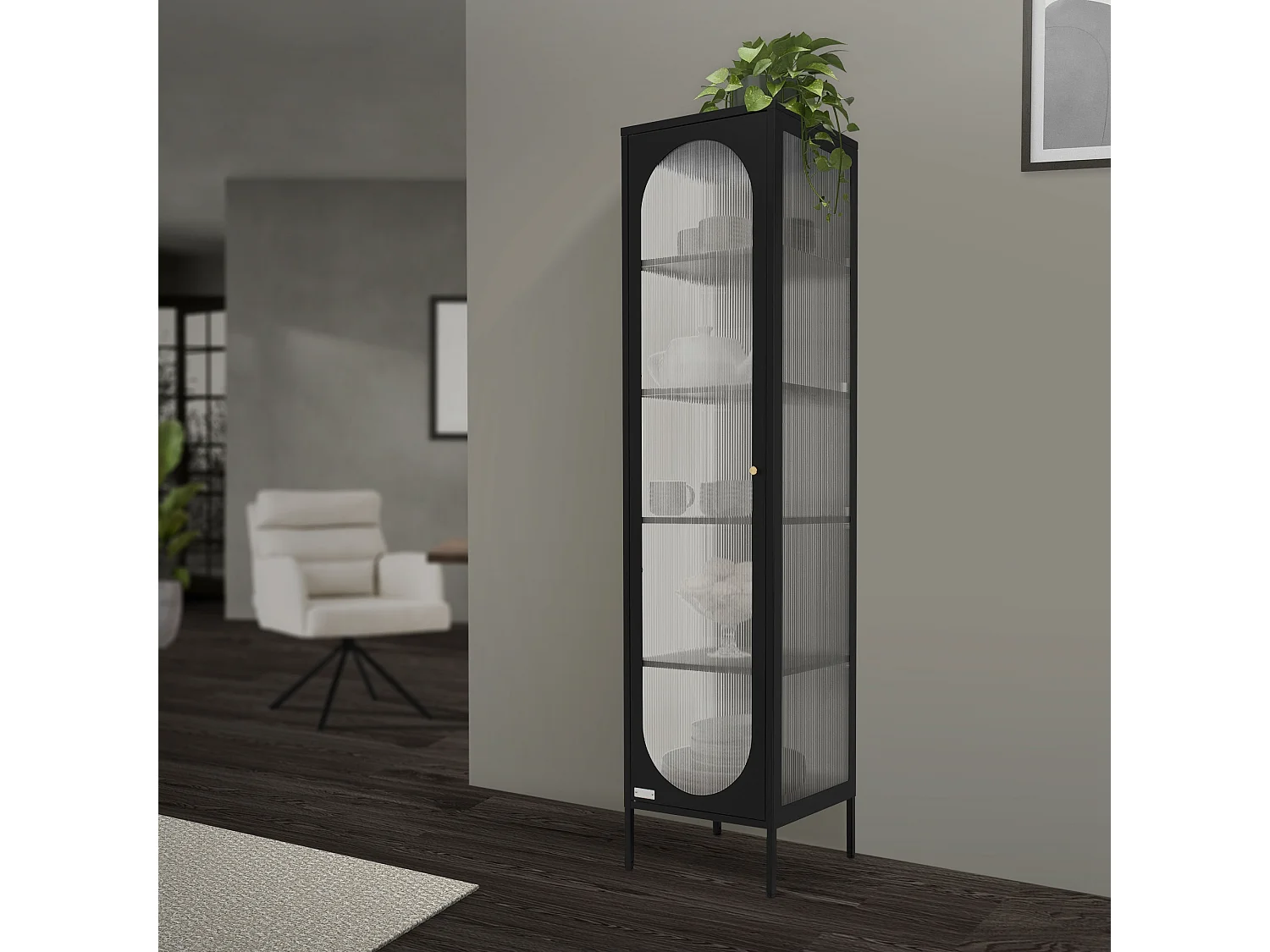 Vitrina negra 42x175x40 cm con 5 estantes y 1 puerta, mueble metálico archivador