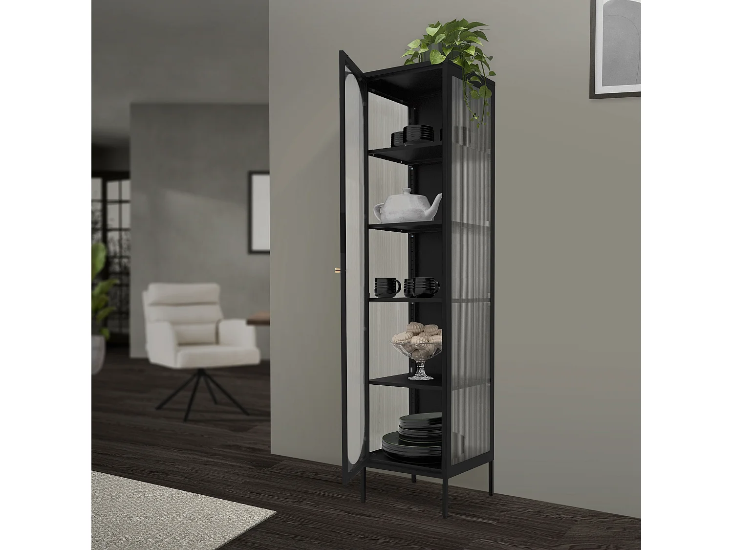 Vitrina negra 42x175x40 cm con 5 estantes y 1 puerta, mueble metálico archivador