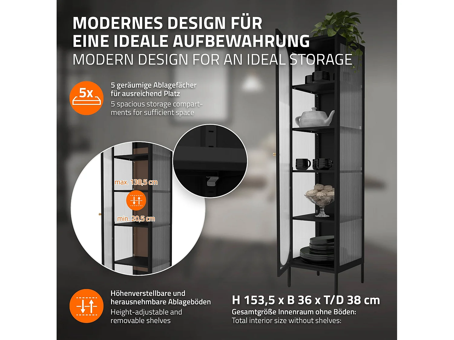 Vitrina negra 42x175x40 cm con 5 estantes y 1 puerta, mueble metálico archivador