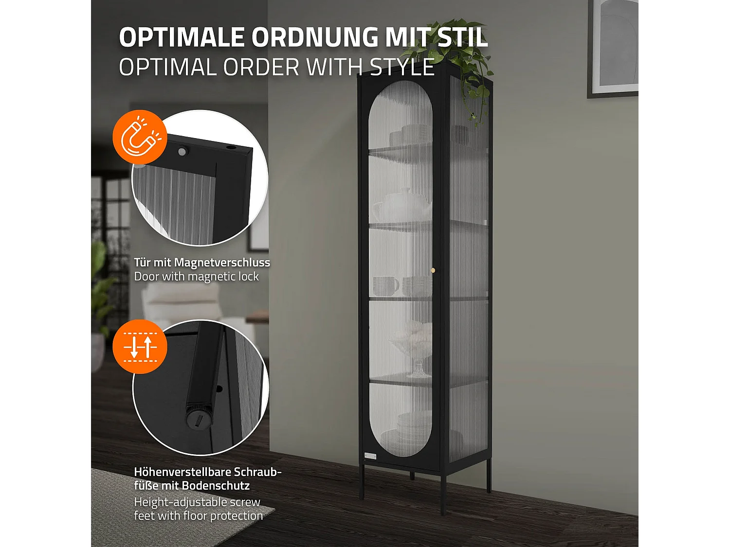 Vitrina negra 42x175x40 cm con 5 estantes y 1 puerta, mueble metálico archivador