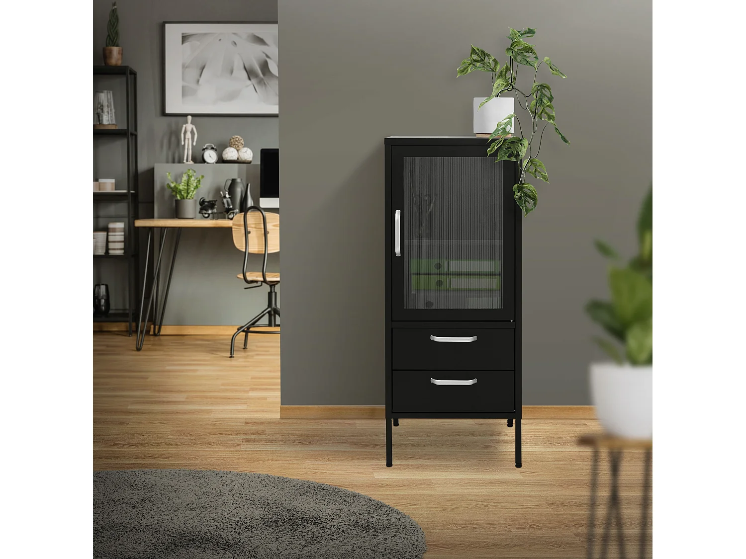 Vitrina negra 42x102x40 cm con puerta y 2 cajones, mueble metálico archivador