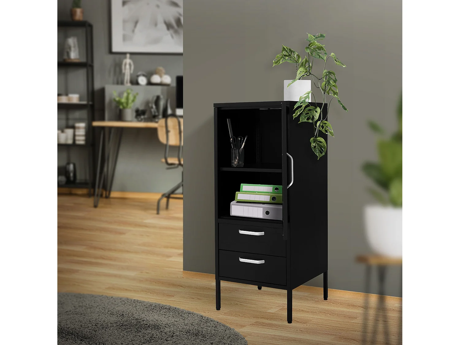 Vitrina negra 42x102x40 cm con puerta y 2 cajones, mueble metálico archivador