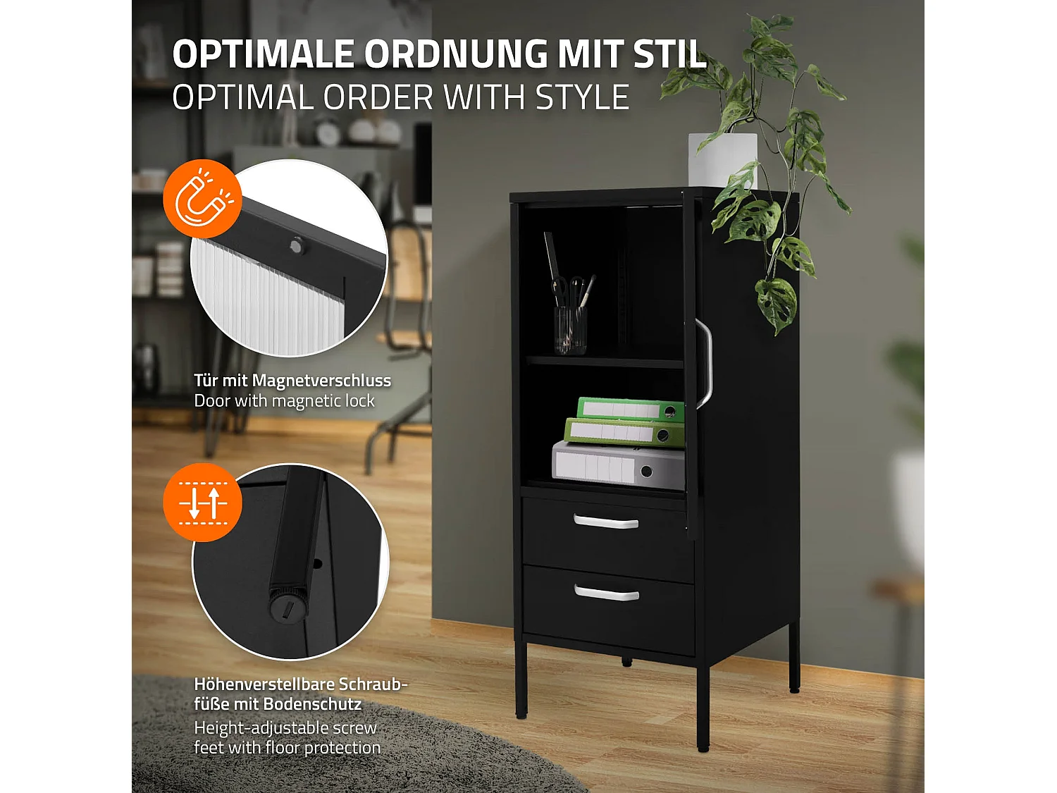 Vitrina negra 42x102x40 cm con puerta y 2 cajones, mueble metálico archivador