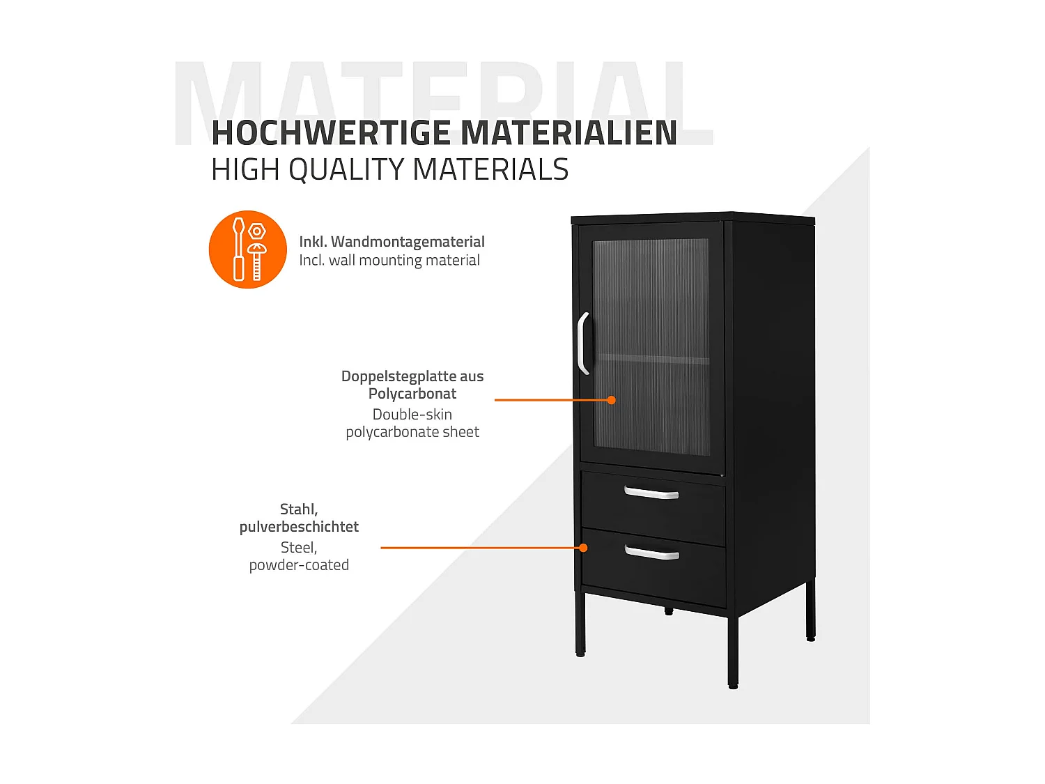 Vitrina negra 42x102x40 cm con puerta y 2 cajones, mueble metálico archivador