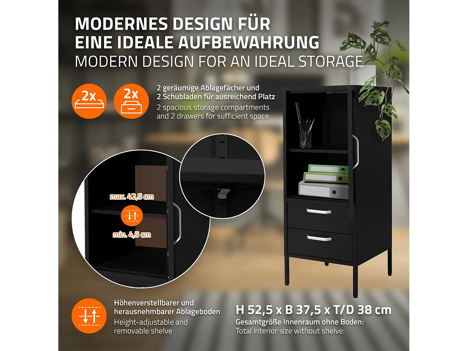 Armoire vitrine bibliothèque haute 42x102x40cm noir 2 casiers porte et 2 tiroirs