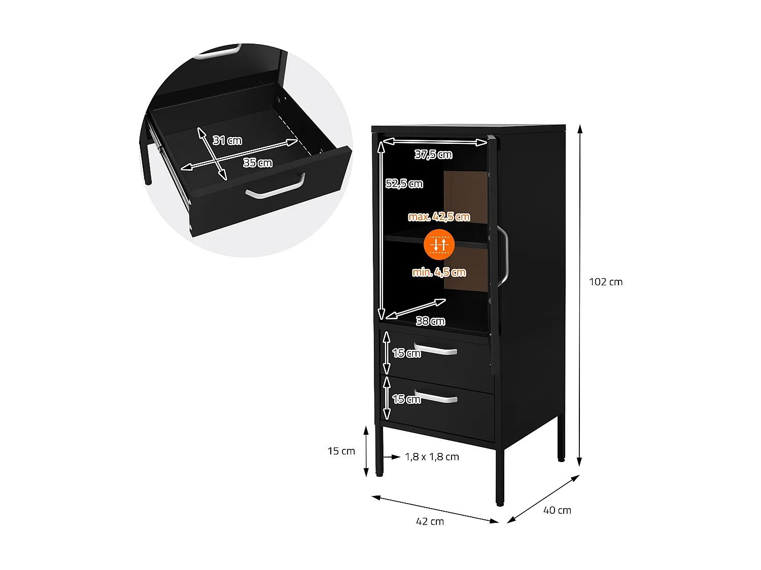 Vetrina 42x102x40 cm Nera con 2 Ripiani 1 Anta & 2 Cassetti Armadio in Acciaio