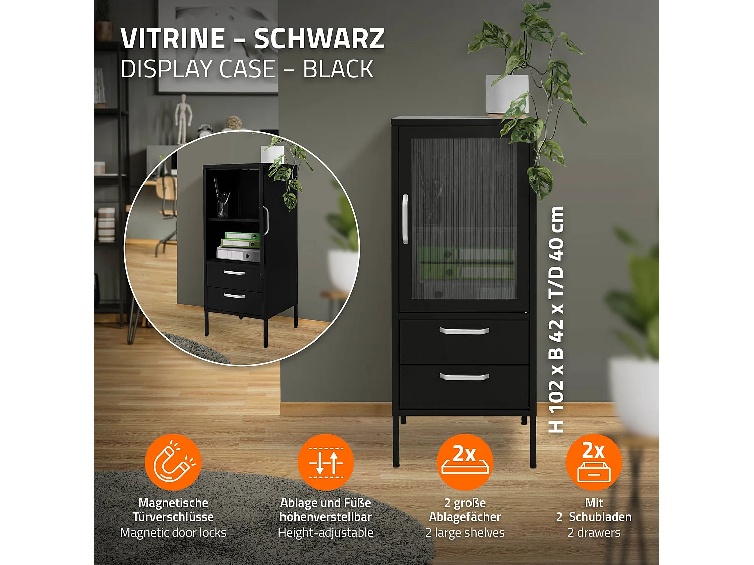 Vetrina 42x102x40 cm Nera con 2 Ripiani 1 Anta & 2 Cassetti Armadio in Acciaio