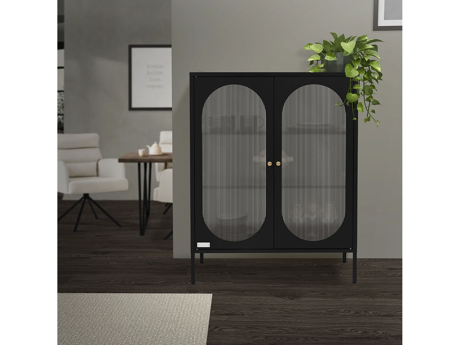 Vitrina negra 80x102,5x40 cm, 3 estantes y 2 puertas, mueble metálico archivador