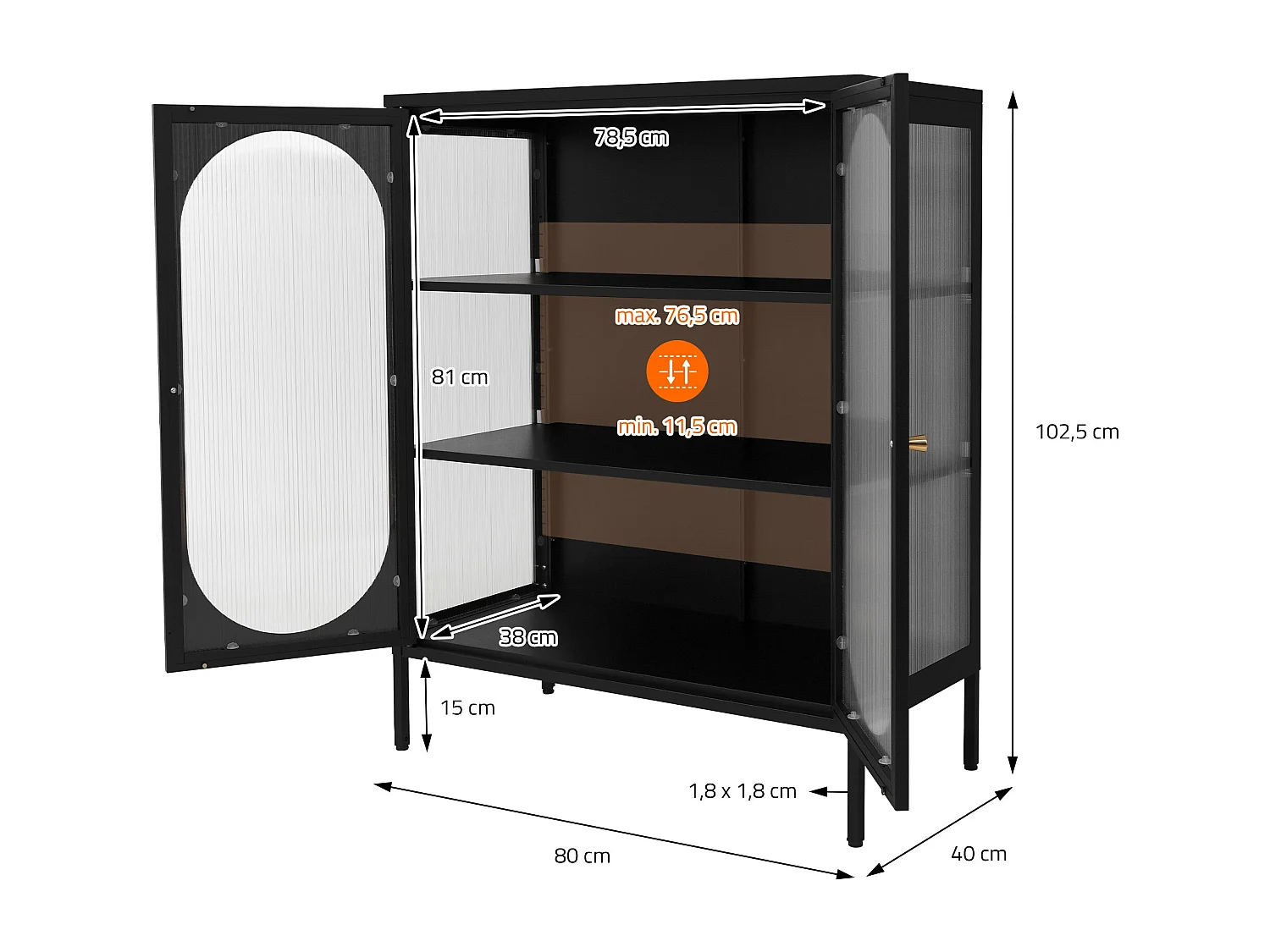 Vitrina negra 80x102,5x40 cm, 3 estantes y 2 puertas, mueble metálico archivador