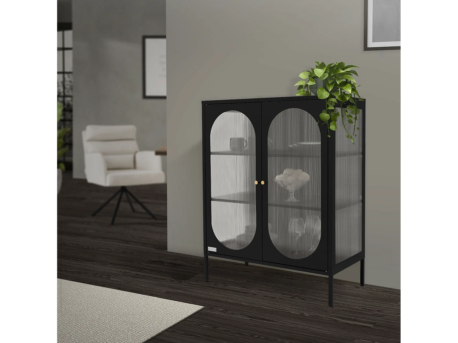 Vitrina negra 80x102,5x40 cm, 3 estantes y 2 puertas, mueble metálico archivador