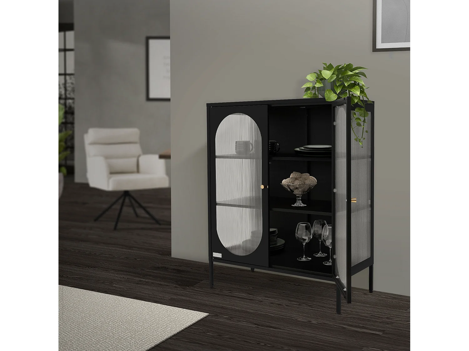 Vitrina negra 80x102,5x40 cm, 3 estantes y 2 puertas, mueble metálico archivador