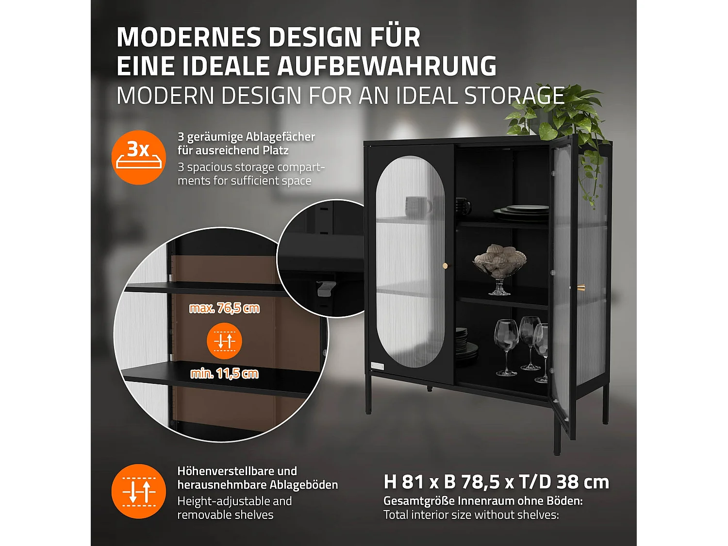 Vitrina negra 80x102,5x40 cm, 3 estantes y 2 puertas, mueble metálico archivador