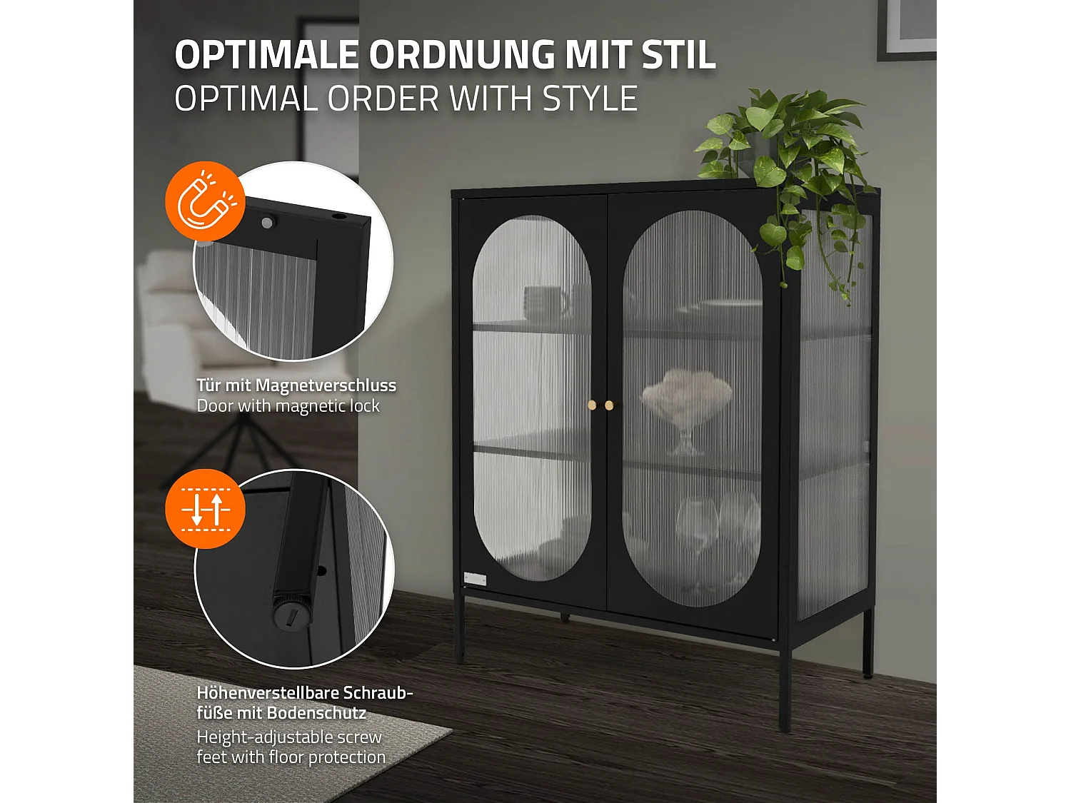 Vitrina negra 80x102,5x40 cm, 3 estantes y 2 puertas, mueble metálico archivador