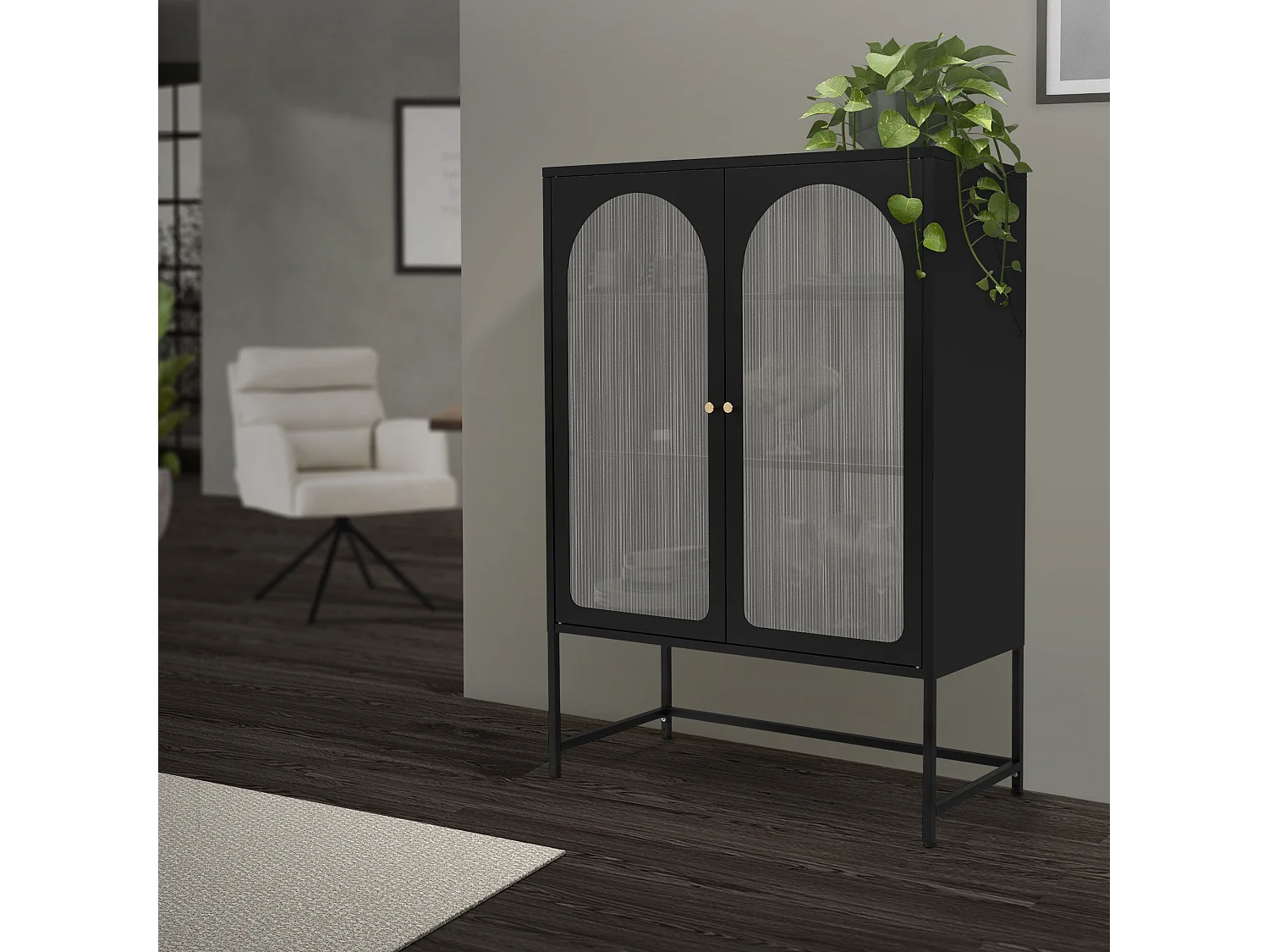 Armoire à vitrine sur pieds noir bibliothèque de salon meuble de rangement