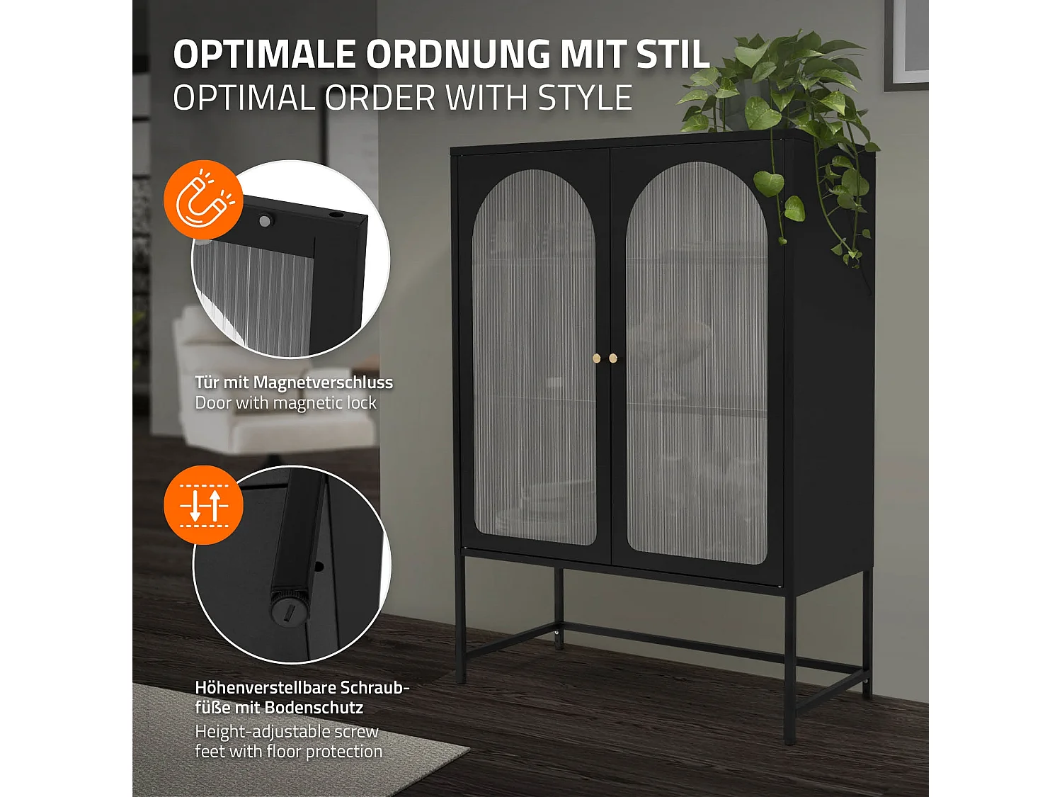 Armoire à vitrine sur pieds noir bibliothèque de salon meuble de rangement