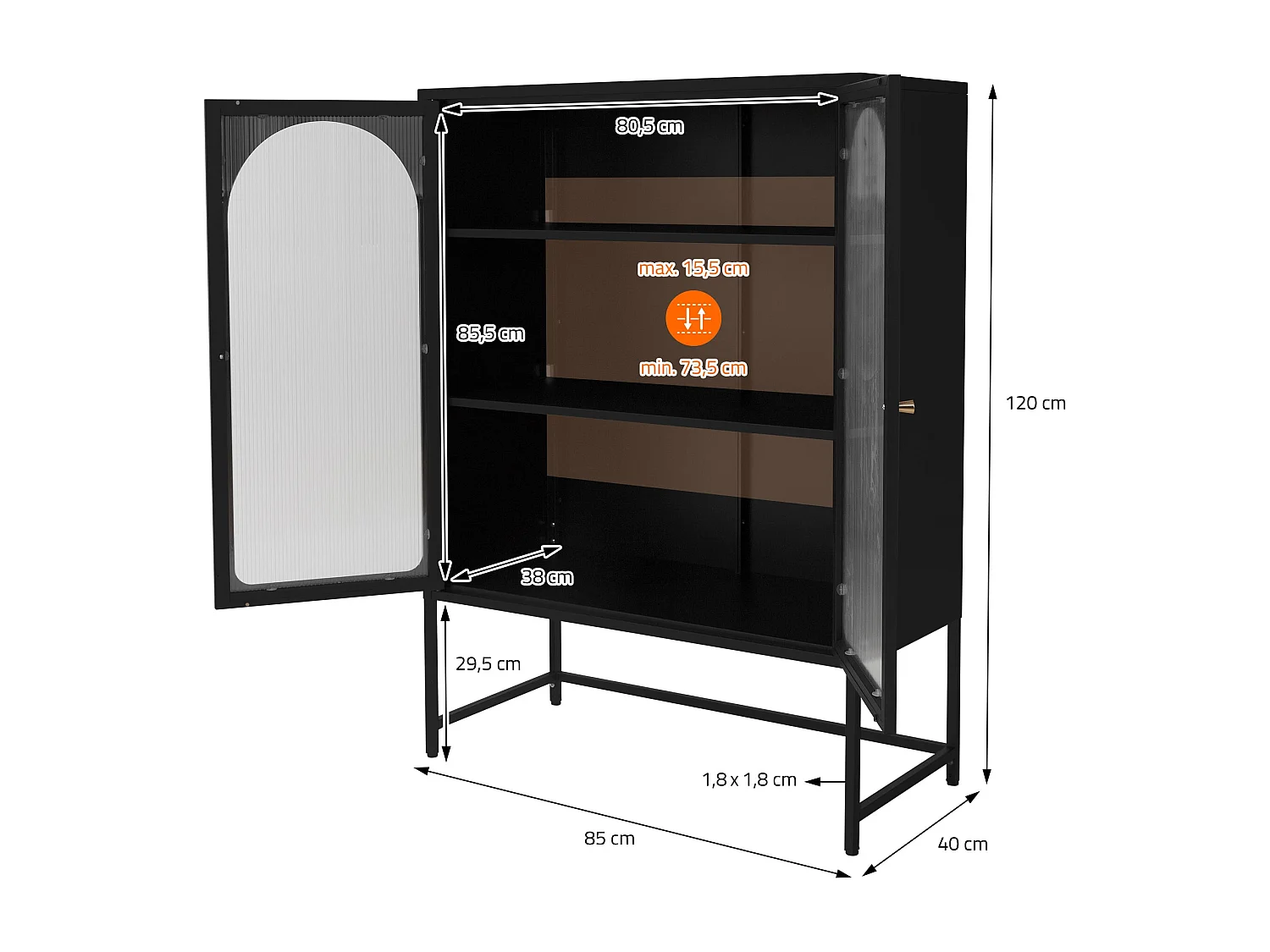Armoire à vitrine sur pieds noir bibliothèque de salon meuble de rangement