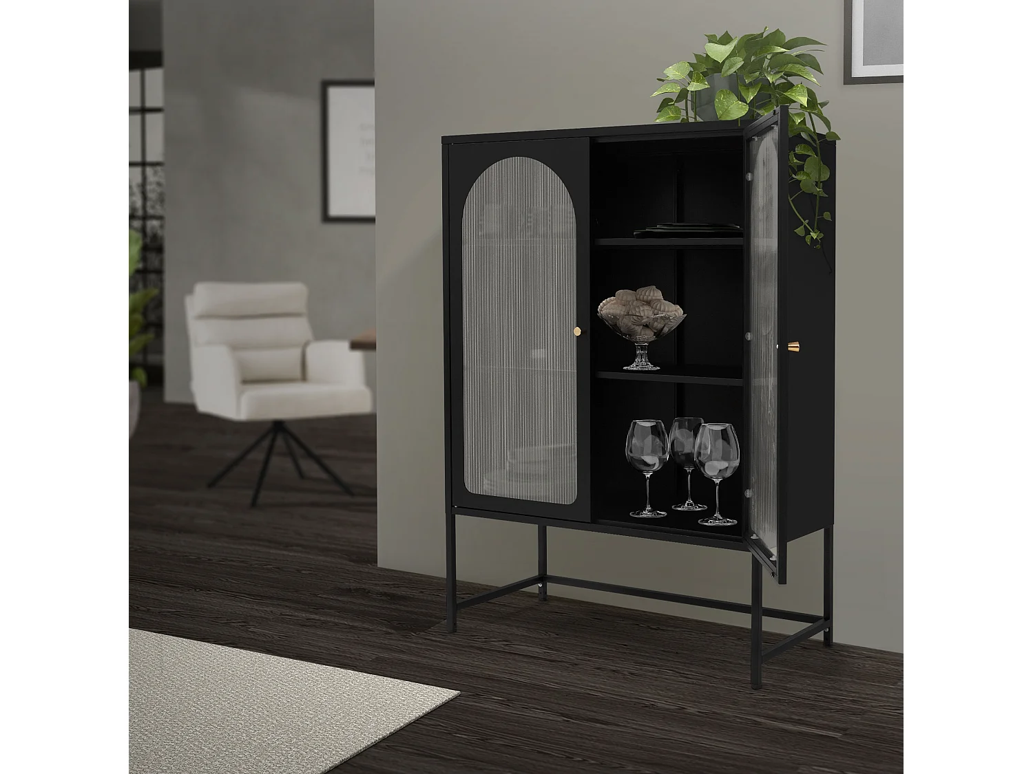 Armoire à vitrine sur pieds noir bibliothèque de salon meuble de rangement