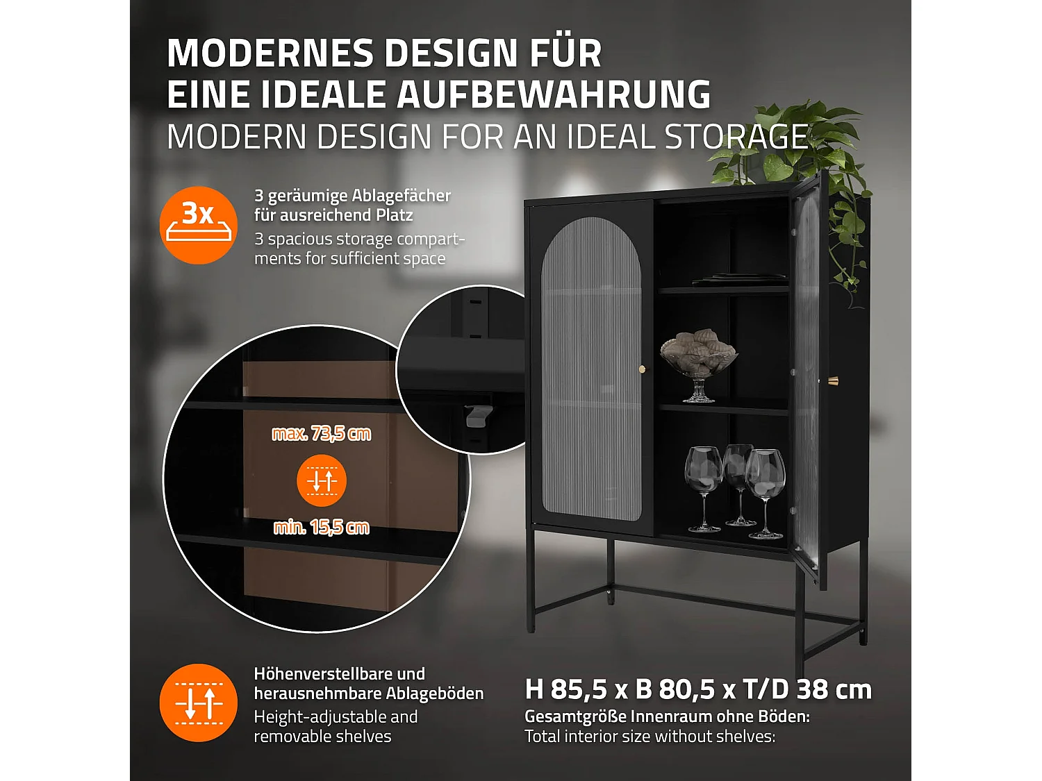 Armoire à vitrine sur pieds noir bibliothèque de salon meuble de rangement