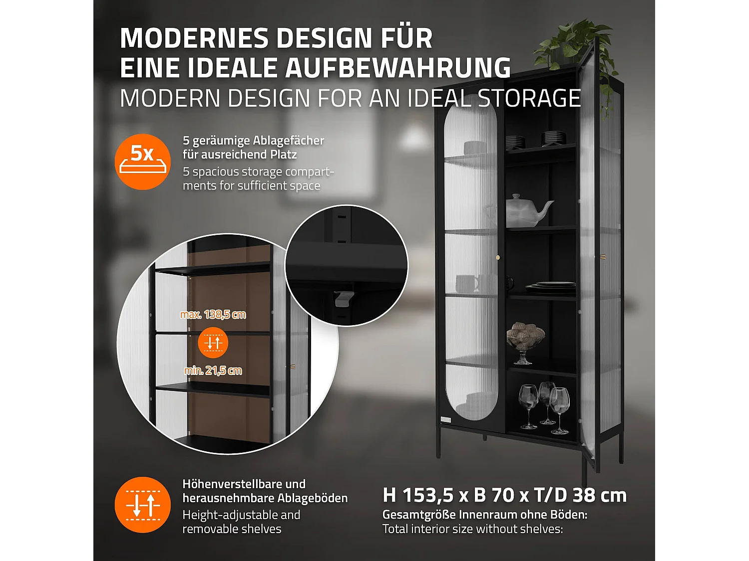 Vitrina negra 85x175x40cm con 2 puertas y 5 estantes, mueble metálico archivador