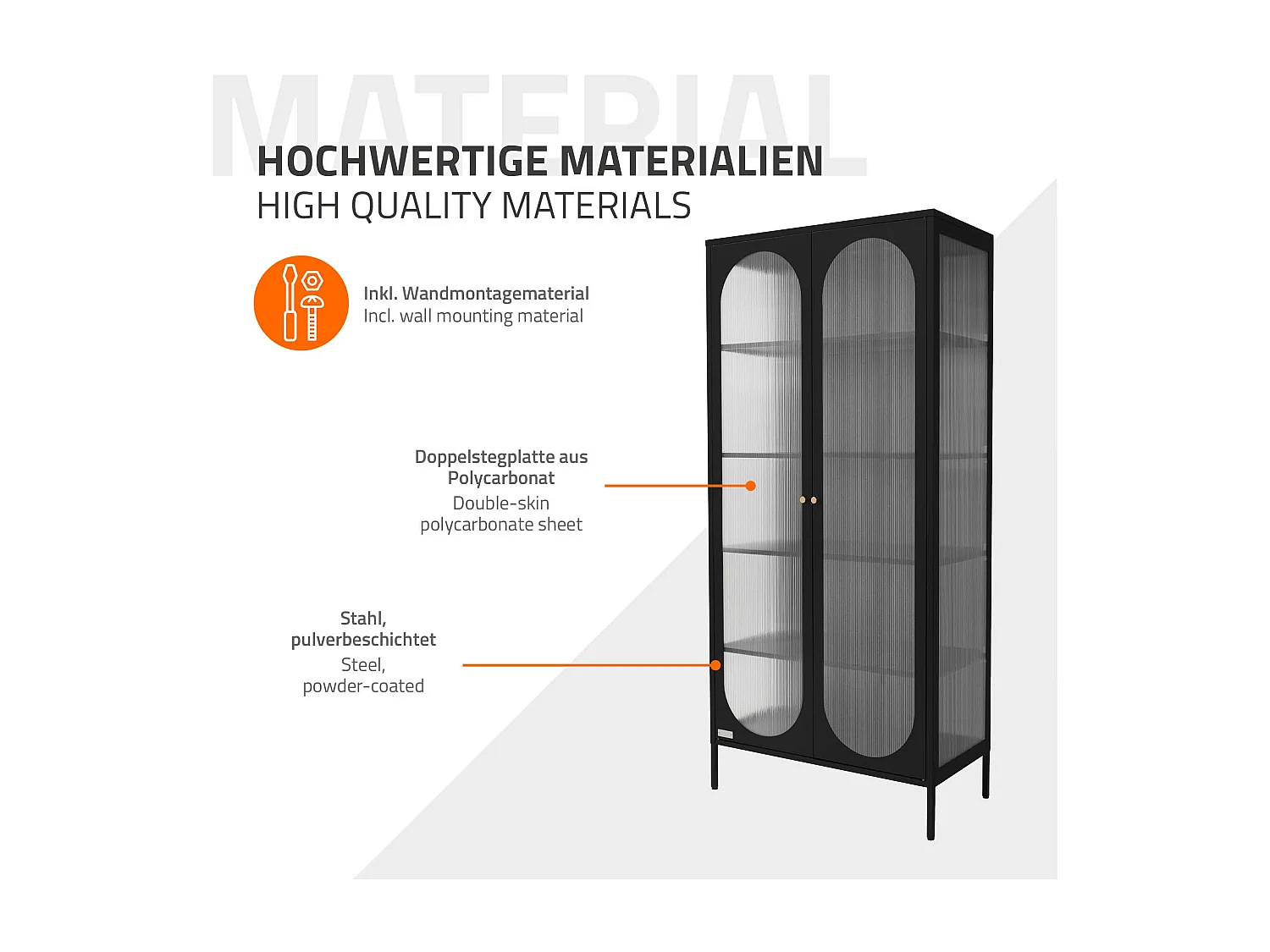 Vitrina negra 85x175x40cm con 2 puertas y 5 estantes, mueble metálico archivador