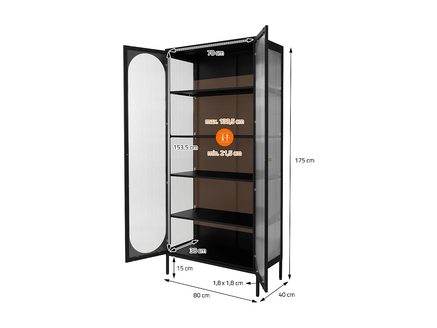 Vitrine sur pied armoire haute meuble de salon noir plaque en polycarbonate