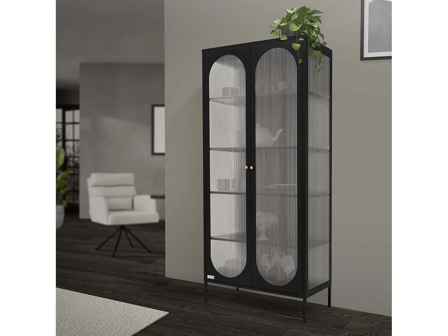 Vitrine sur pied armoire haute meuble de salon noir plaque en polycarbonate