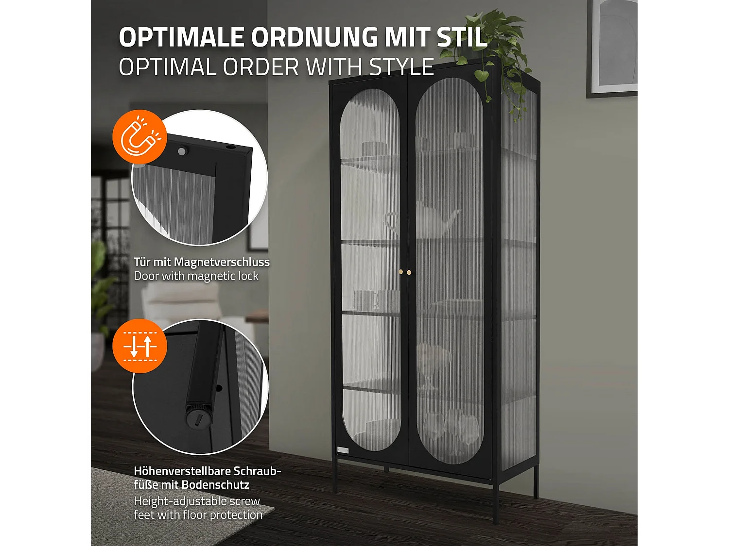 Vitrine sur pied armoire haute meuble de salon noir plaque en polycarbonate