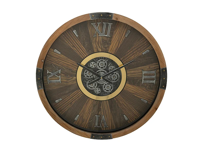 Grande Pendule murale Marron style industriel avec rouages mobiles D 63.5 cm