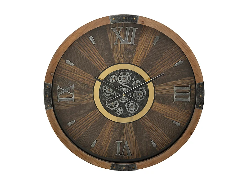 Grande Pendule murale Marron style industriel avec rouages mobiles D 63.5 cm