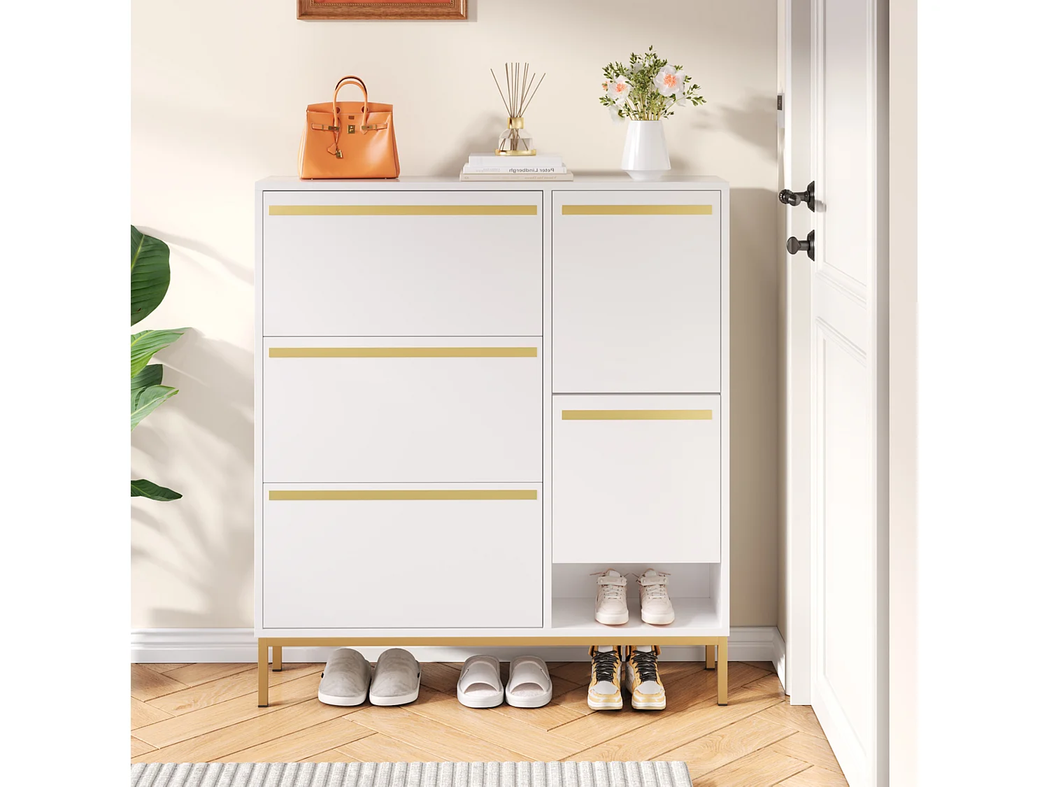 Scarpiera con 4 ante e fasciatoio - 105 x 25 x 115,5 cm - MDF - Bianco lucido