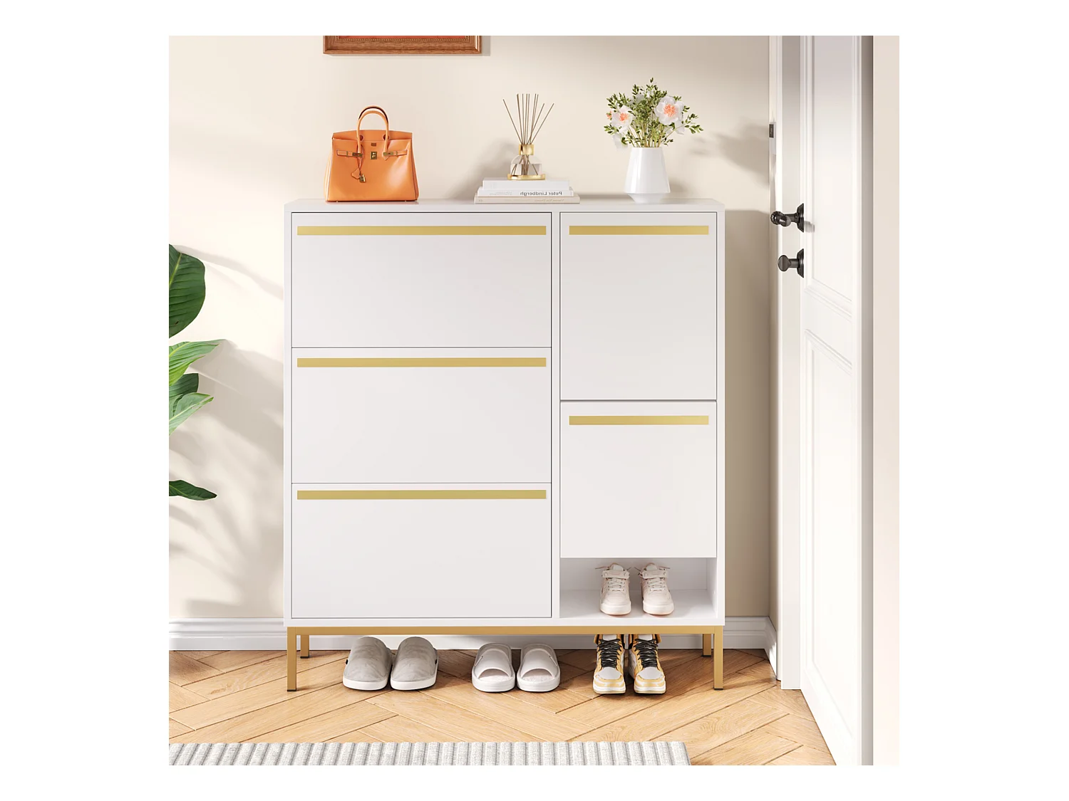 Meuble à chaussures avec 4 portes et tabouret à langer - 105 x 25 x 115.5 cm - MDF - Blanc brillant