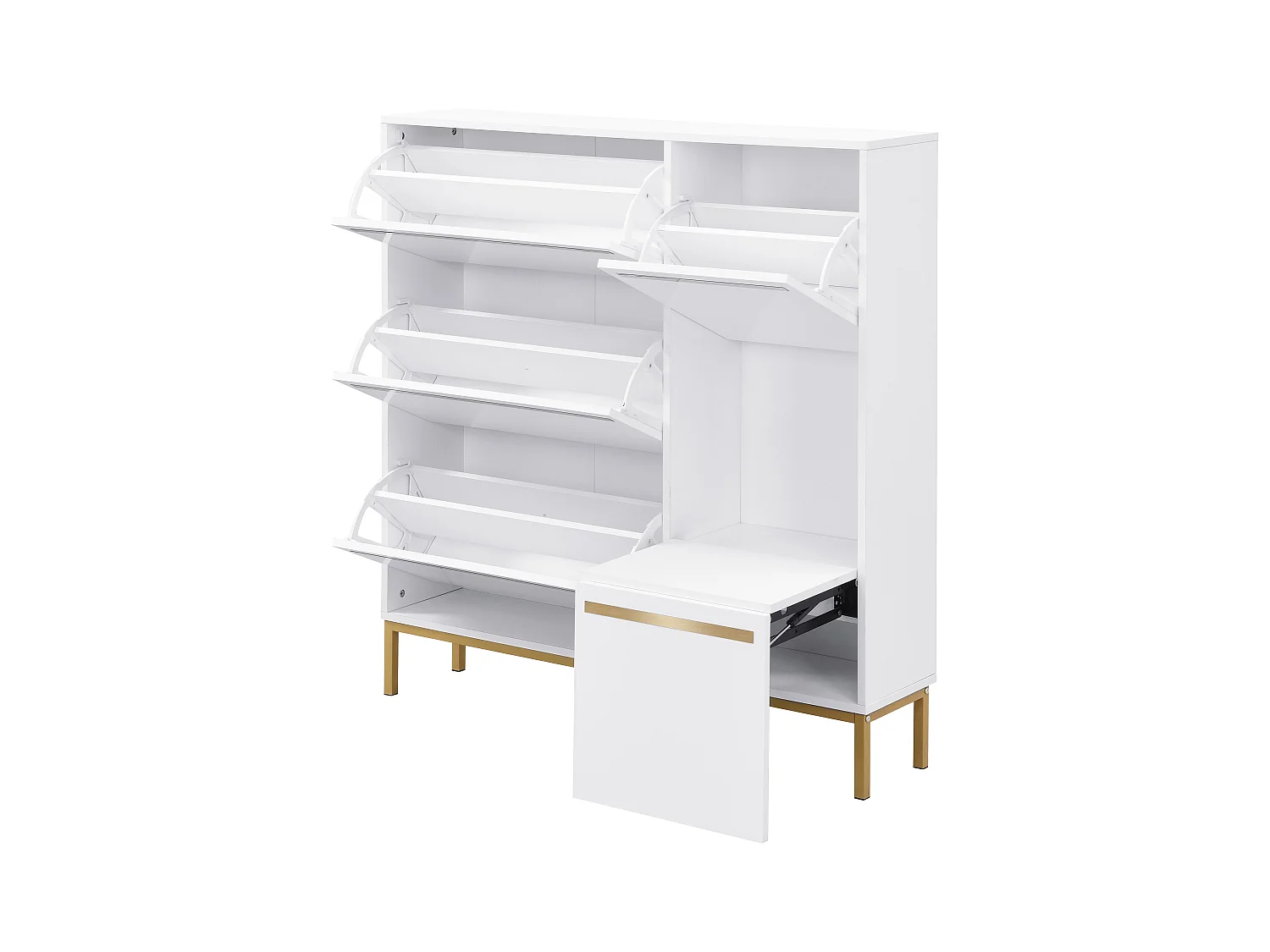 Meuble à chaussures avec 4 portes et tabouret à langer - 105 x 25 x 115.5 cm - MDF - Blanc brillant