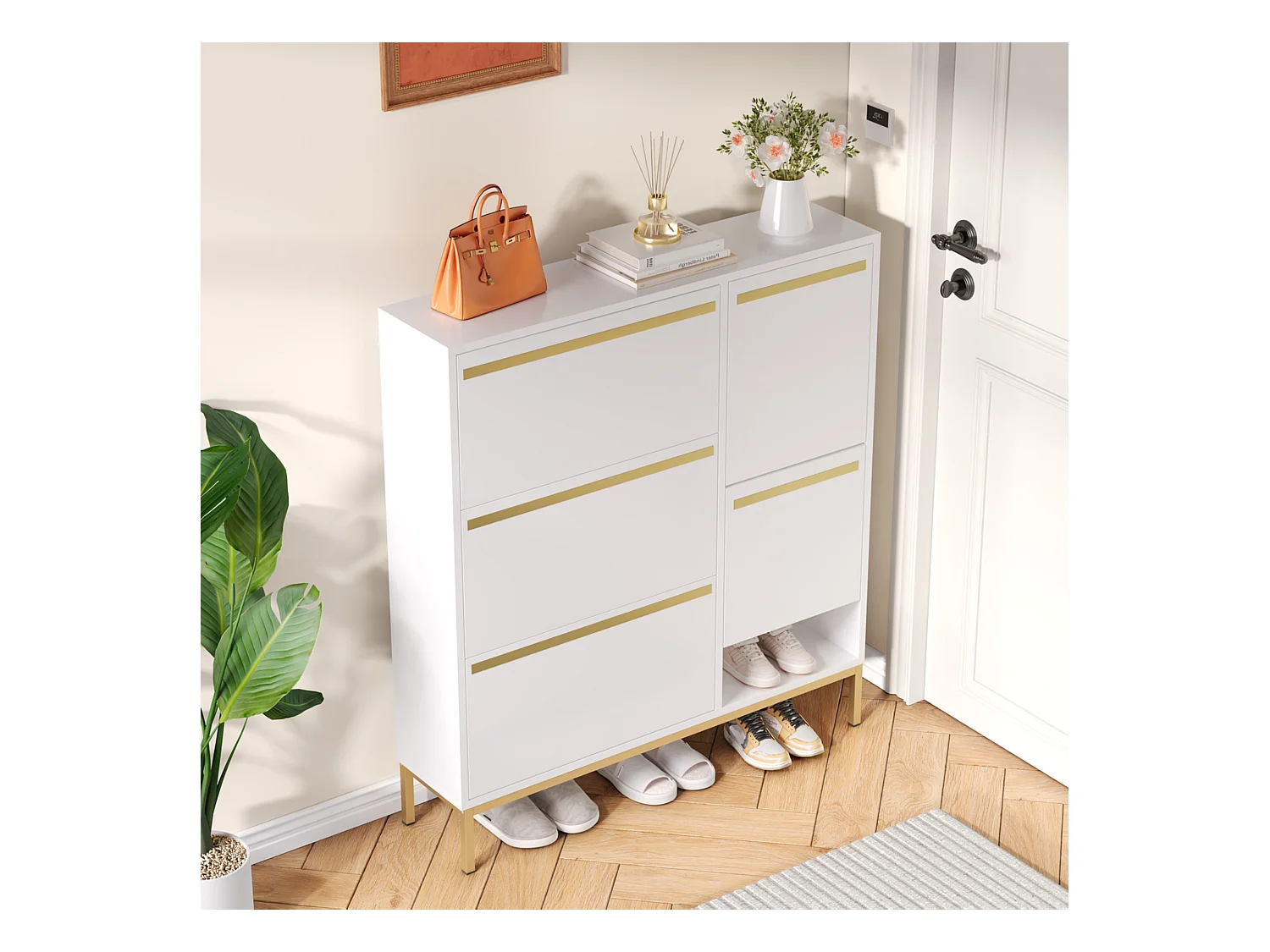 Meuble à chaussures avec 4 portes et tabouret à langer - 105 x 25 x 115.5 cm - MDF - Blanc brillant