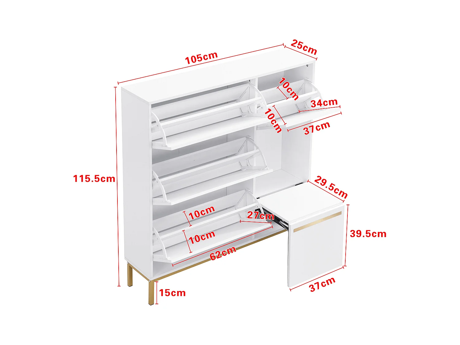 Meuble à chaussures avec 4 portes et tabouret à langer - 105 x 25 x 115.5 cm - MDF - Blanc brillant