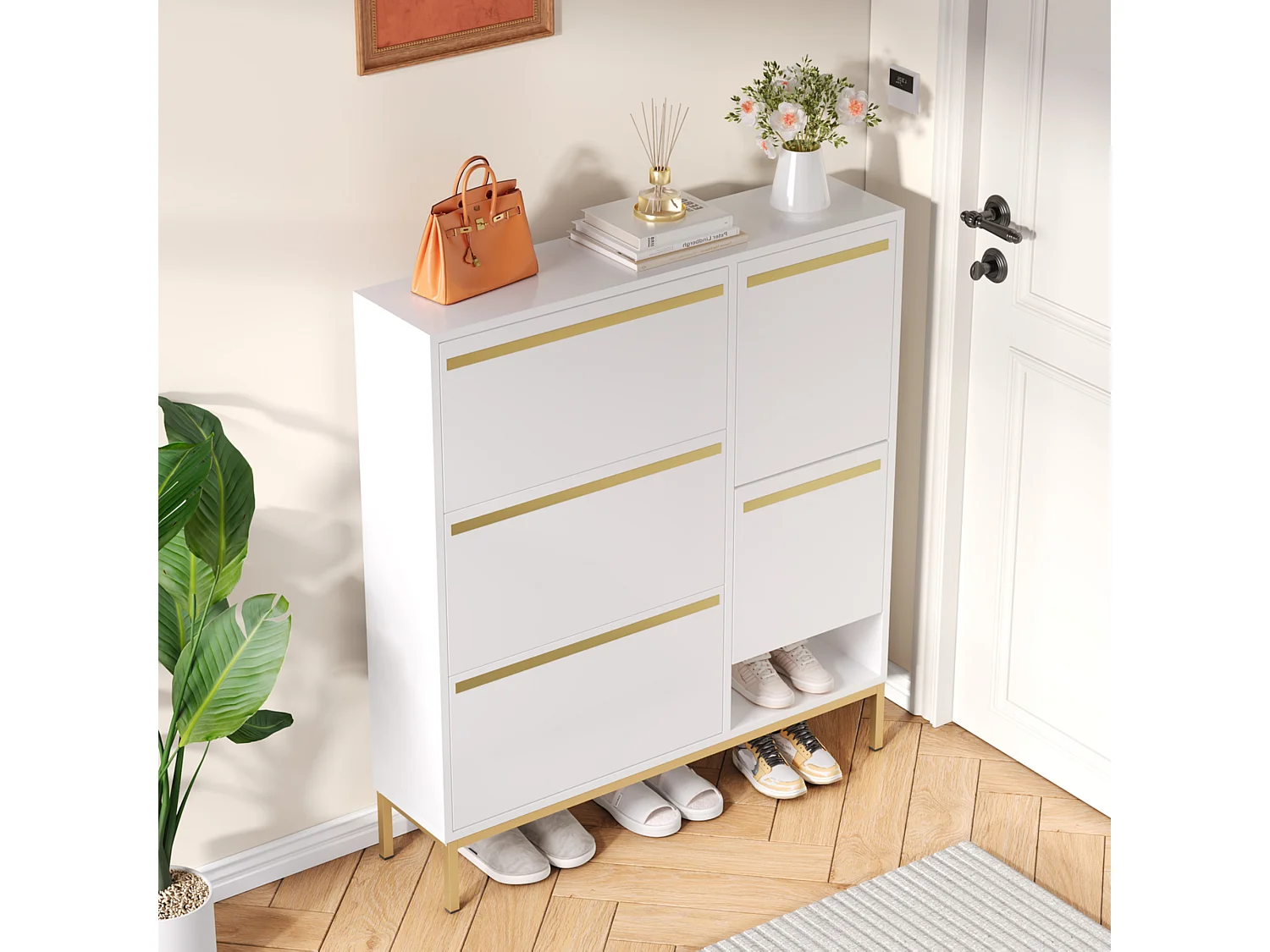 Sapateira com 4 portas e trocador - 105 x 25 x 115,5 cm - MDF - Branco brilhante