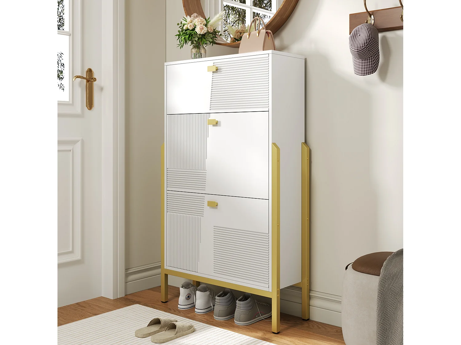 Scarpiera con 2 ante e 1 cassetto - 65 x 25 x 120,5 cm - Maniglie e piedini dorati - Pannello truciolare - Bianco