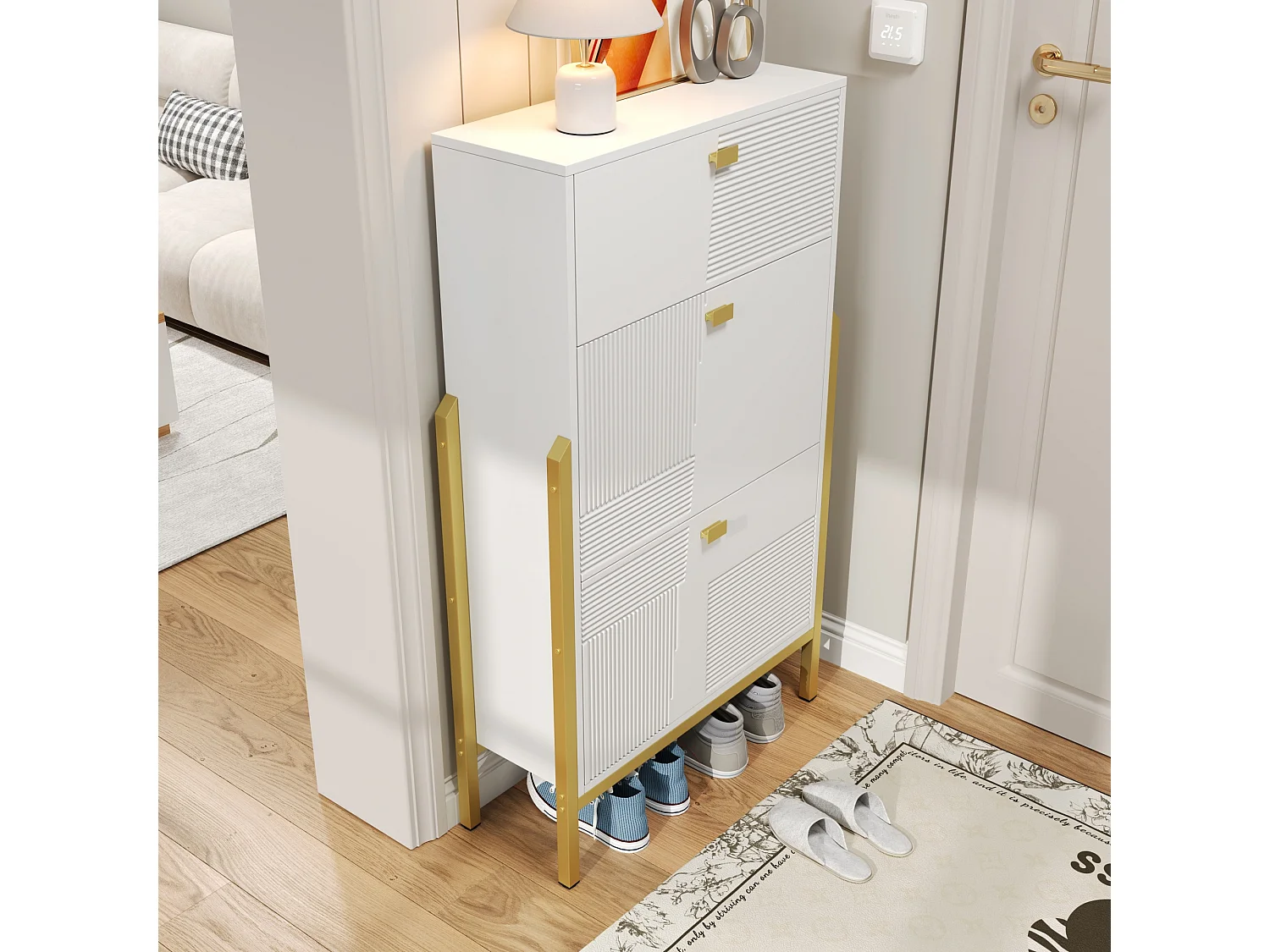 Scarpiera con 2 ante e 1 cassetto - 65 x 25 x 120,5 cm - Maniglie e piedini dorati - Pannello truciolare - Bianco