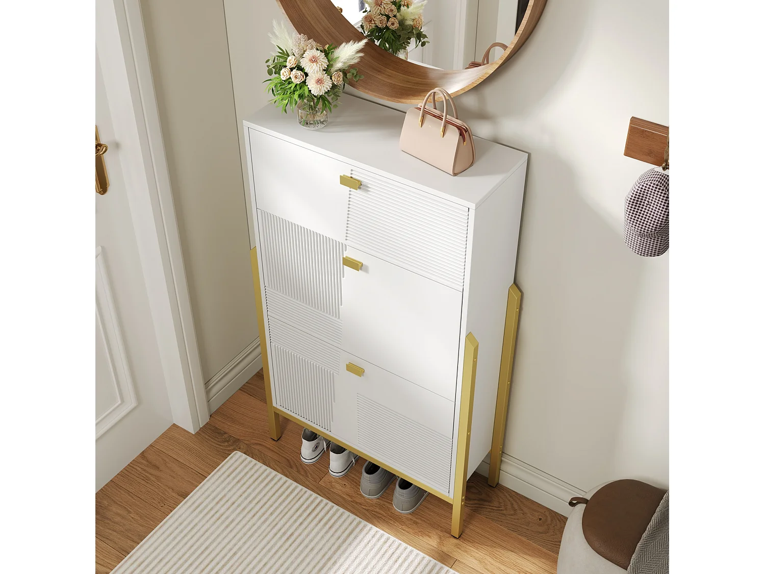 Scarpiera con 2 ante e 1 cassetto - 65 x 25 x 120,5 cm - Maniglie e piedini dorati - Pannello truciolare - Bianco