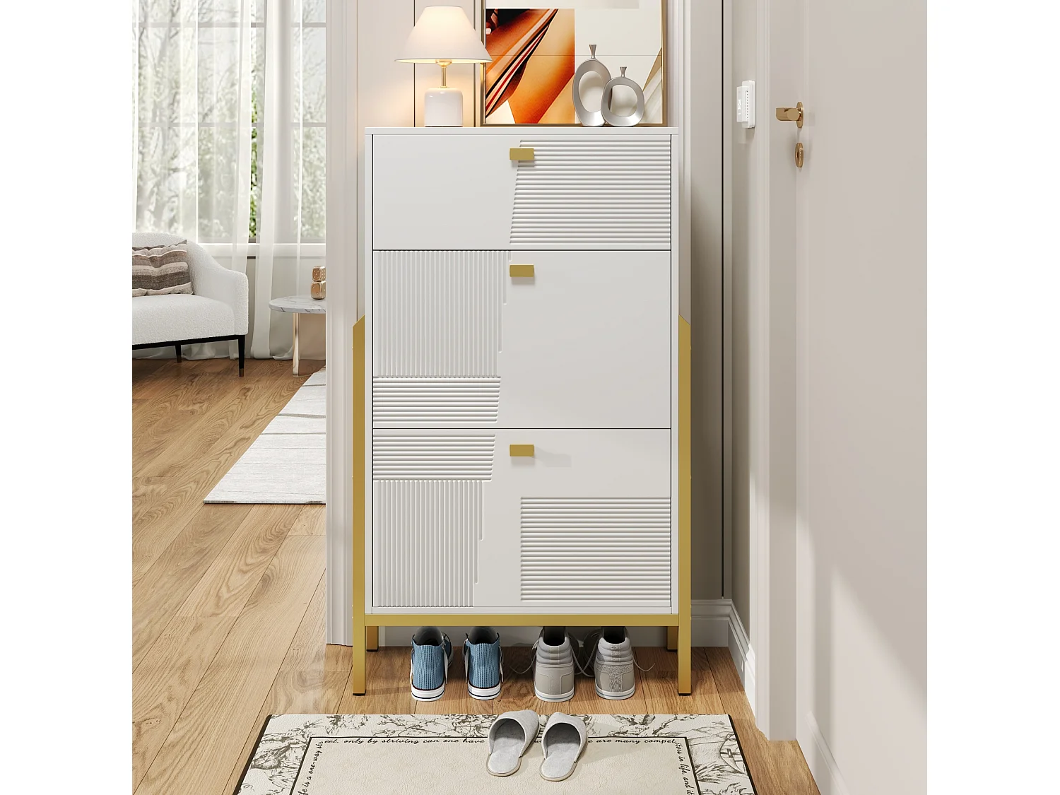 Scarpiera con 2 ante e 1 cassetto - 65 x 25 x 120,5 cm - Maniglie e piedini dorati - Pannello truciolare - Bianco