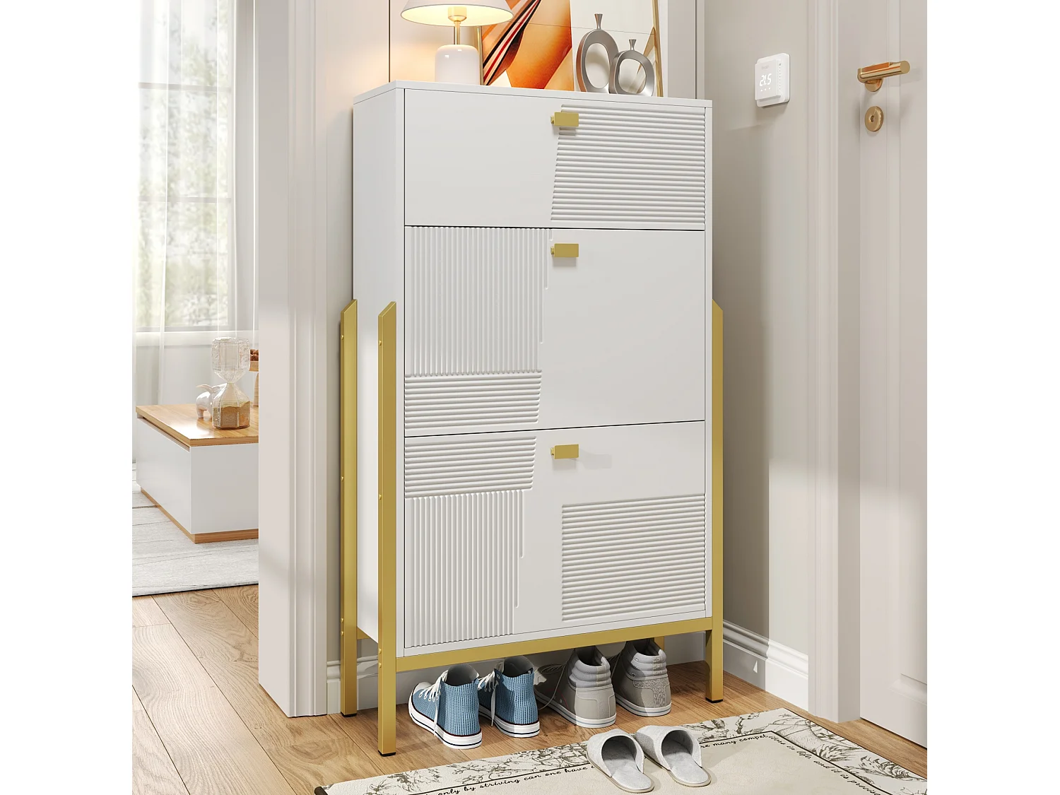 Scarpiera con 2 ante e 1 cassetto - 65 x 25 x 120,5 cm - Maniglie e piedini dorati - Pannello truciolare - Bianco