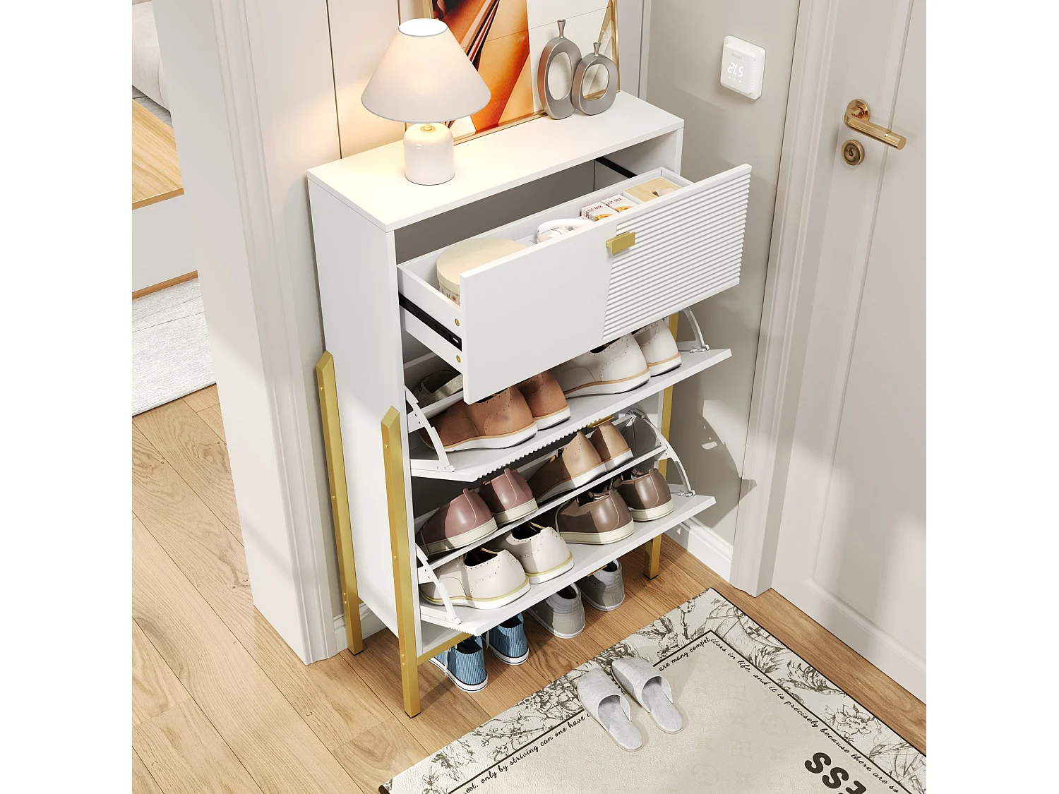 Scarpiera con 2 ante e 1 cassetto - 65 x 25 x 120,5 cm - Maniglie e piedini dorati - Pannello truciolare - Bianco